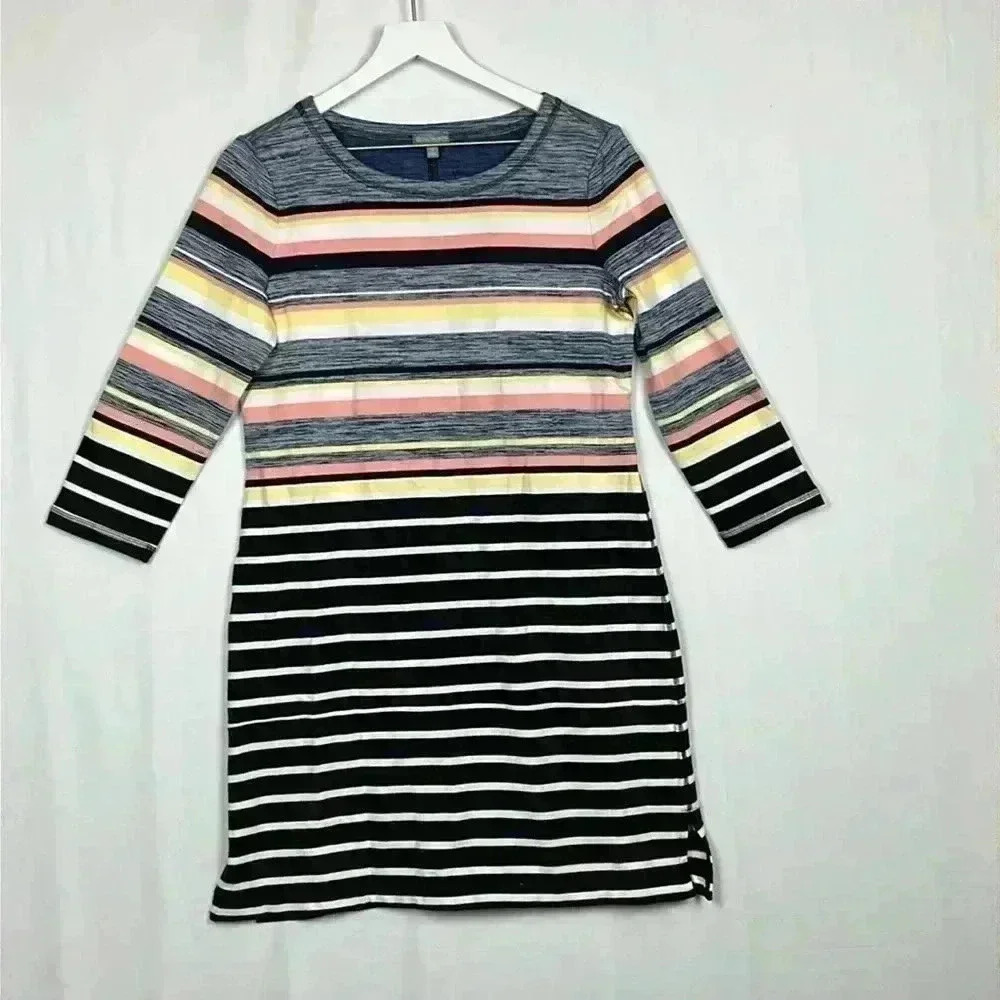 T by Talbots Womens Dress Blue Pink Yellow S Stripes 3/4 Sleeves Stretch Casual